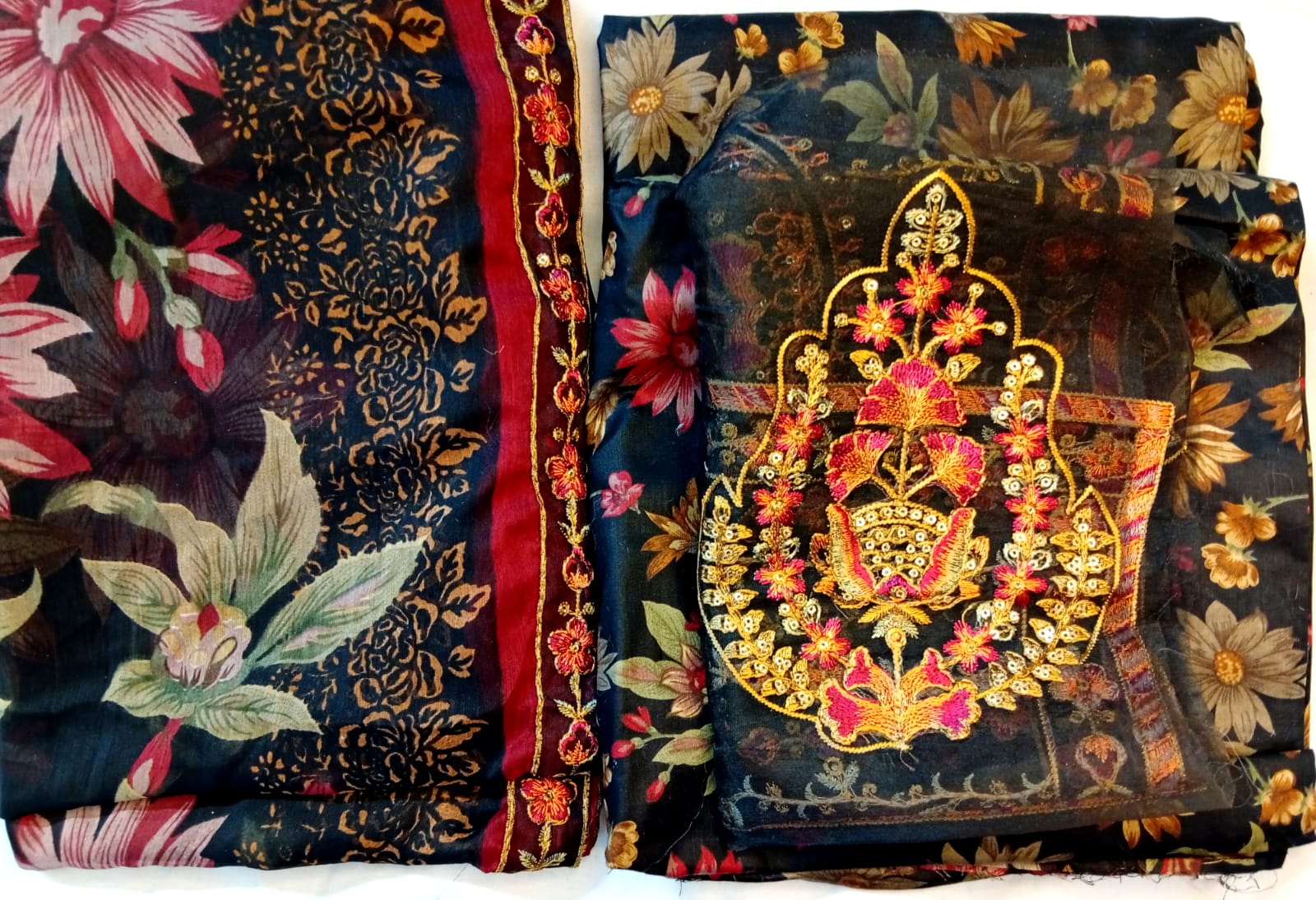 EERIE BLACK PRINTED SUIT WITH EMBROIDERED PATCHES CHIFFON EMBROIDEREY DUPATTA