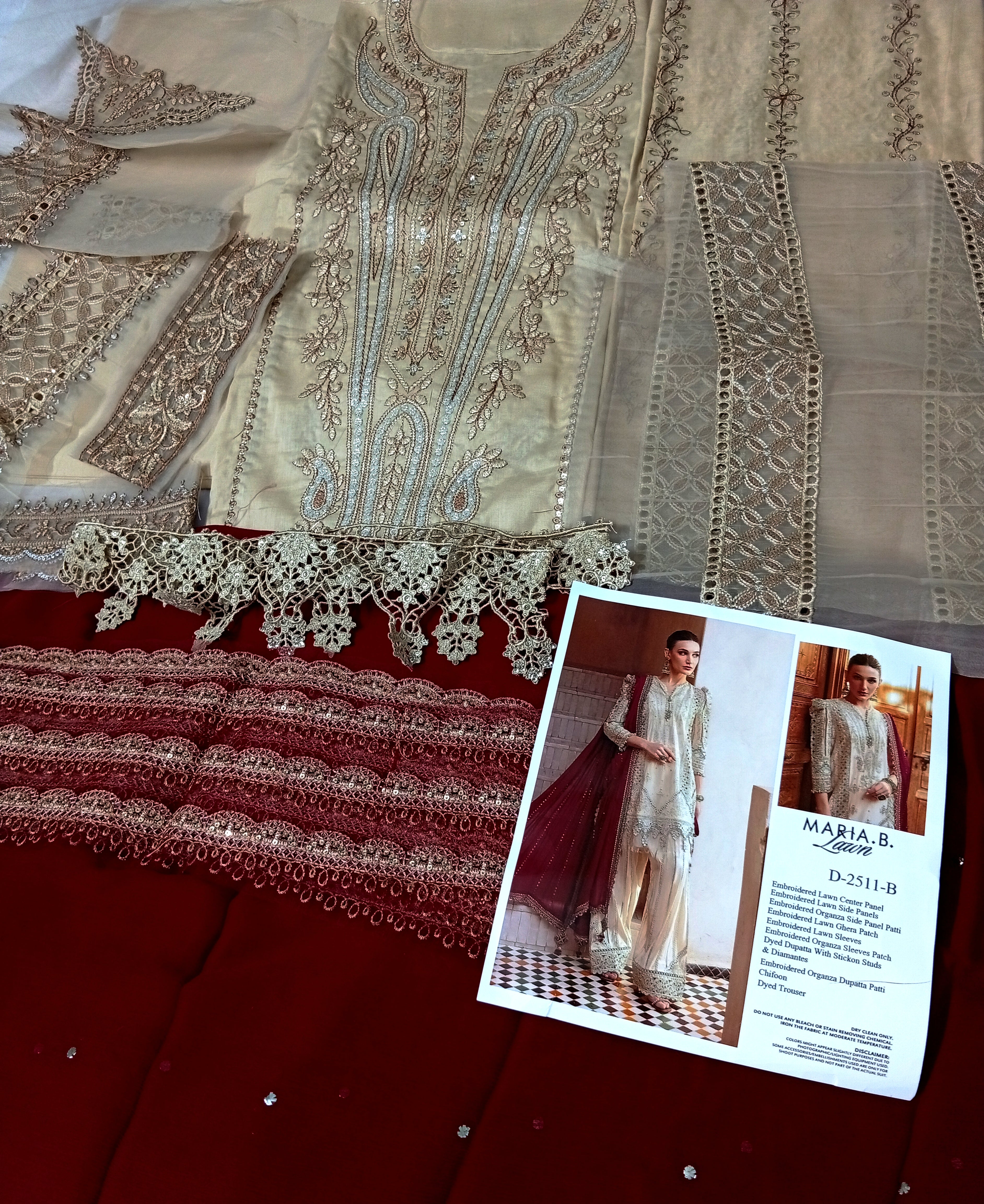 MINDBLOWING BLANCHED ALMON COLOUR WITH EMBROIDERED PATCHES & MOTIFS WITH MAROON DUPATTA AND DUPATTA PATCHES