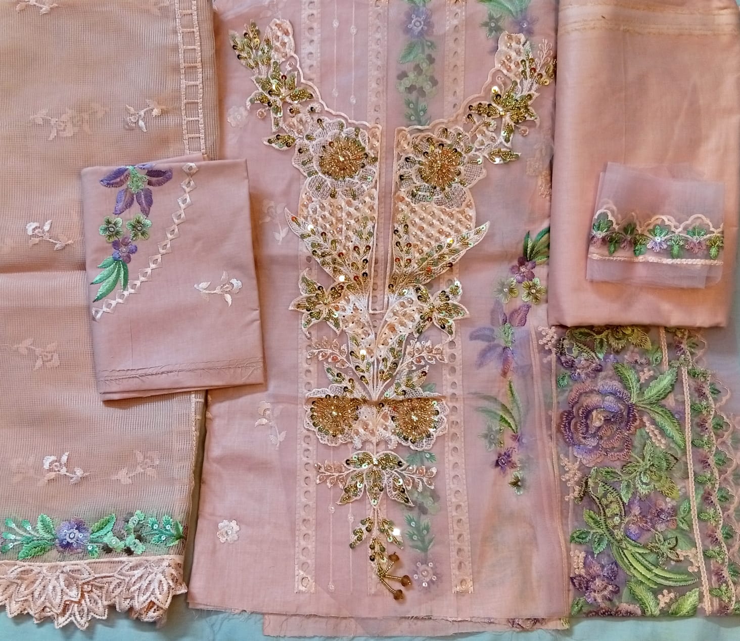 ORCHIRD PINK COLOR 3 PIECE SUIT EMBROIDERED BEAD PATCHES READY TO WEAR EMBROIDEREY DUPATTA