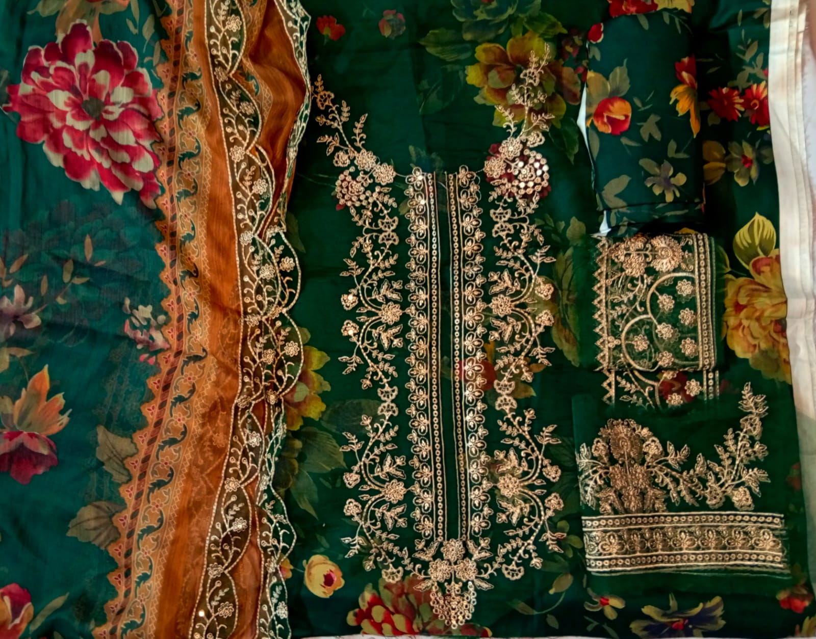 FIR GREEN PRINTED SUIT EMBROIDERED PATCHES WITH READY TO WEAR DUPATTA