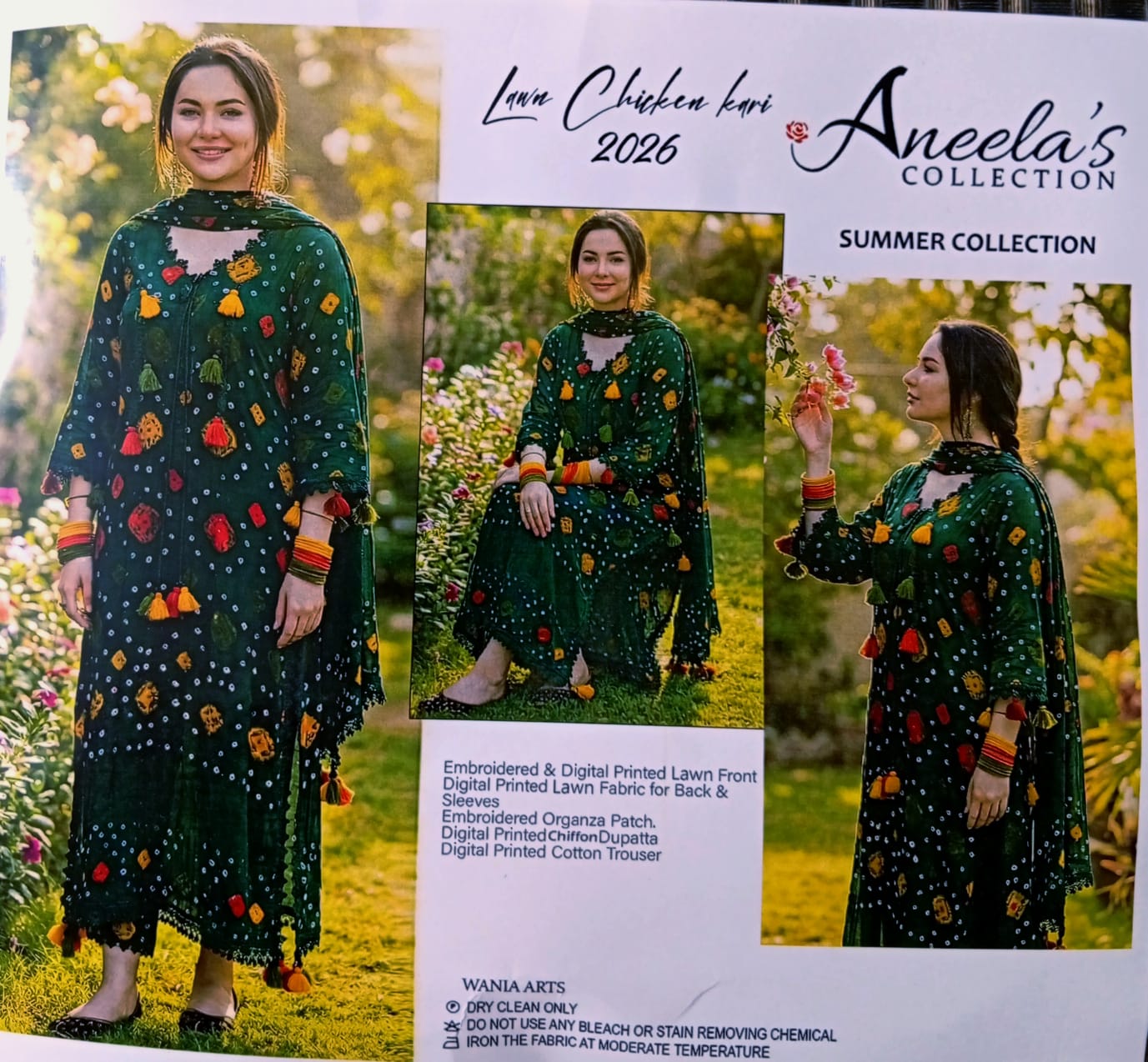 EXCEPTIONAL RICH BLACK + LACOSTE GREEN COLOUR LAWN CHUNARI WITH ORGANZA EMBROIDERY PATCHES AND EMBROIDERED READY TO WEAR DUPATTA