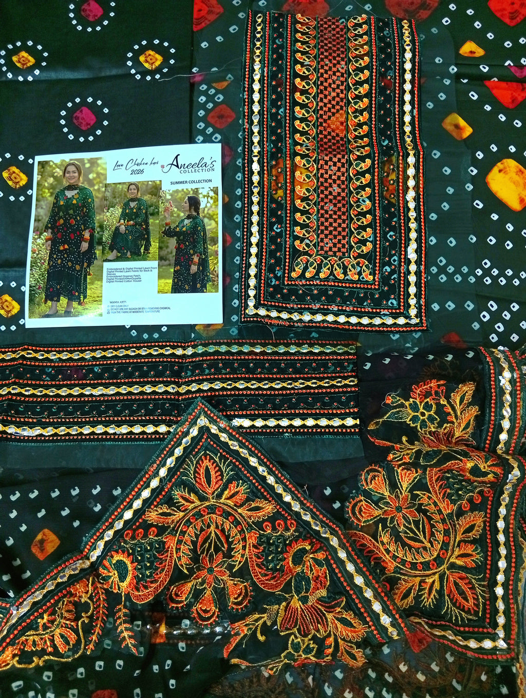 EXCEPTIONAL RICH BLACK + LACOSTE GREEN COLOUR LAWN CHUNARI WITH ORGANZA EMBROIDERY PATCHES AND EMBROIDERED READY TO WEAR DUPATTA