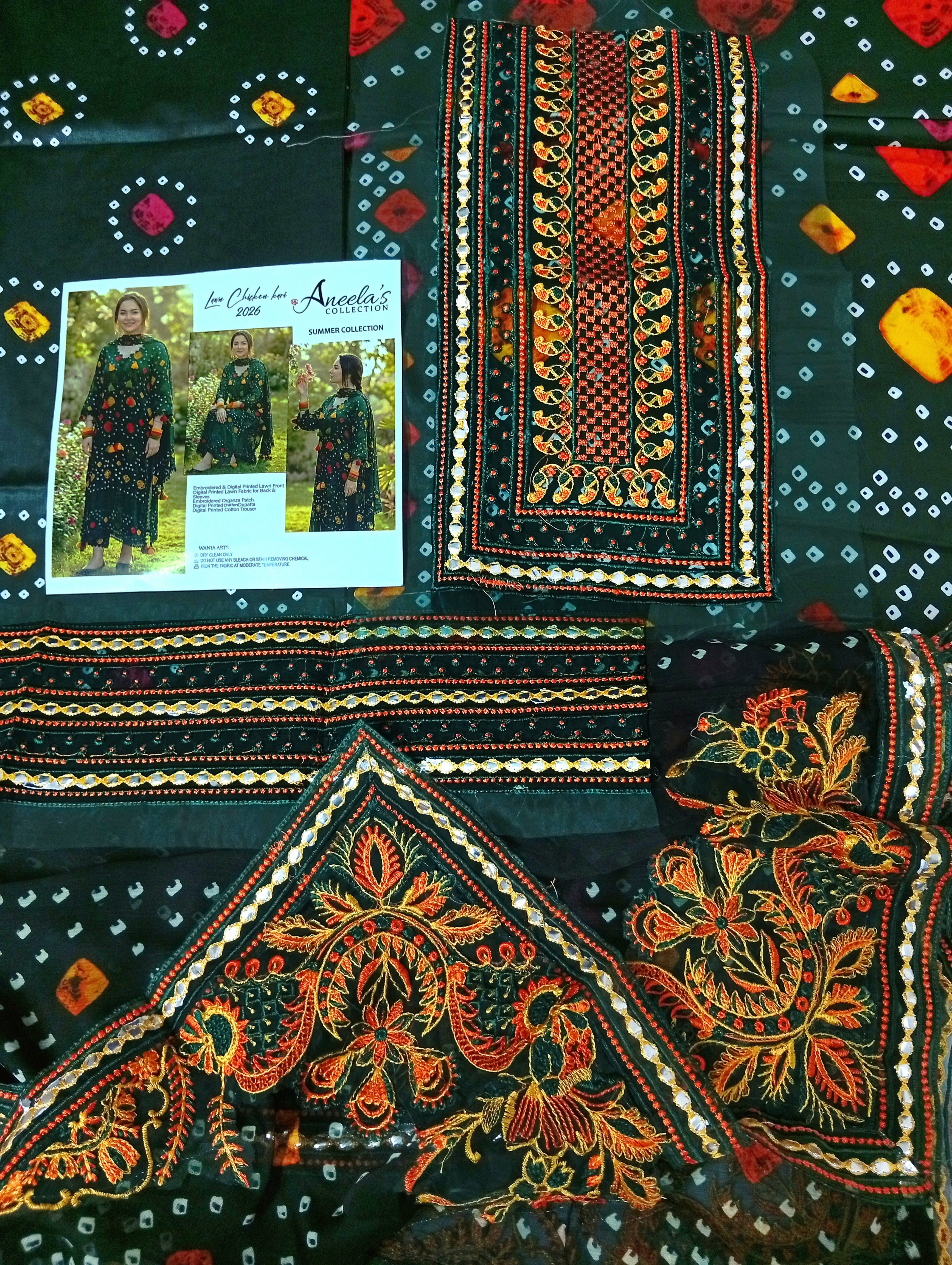 EXCEPTIONAL RICH BLACK + LACOSTE GREEN COLOUR LAWN CHUNARI WITH ORGANZA EMBROIDERY PATCHES AND EMBROIDERED READY TO WEAR DUPATTA