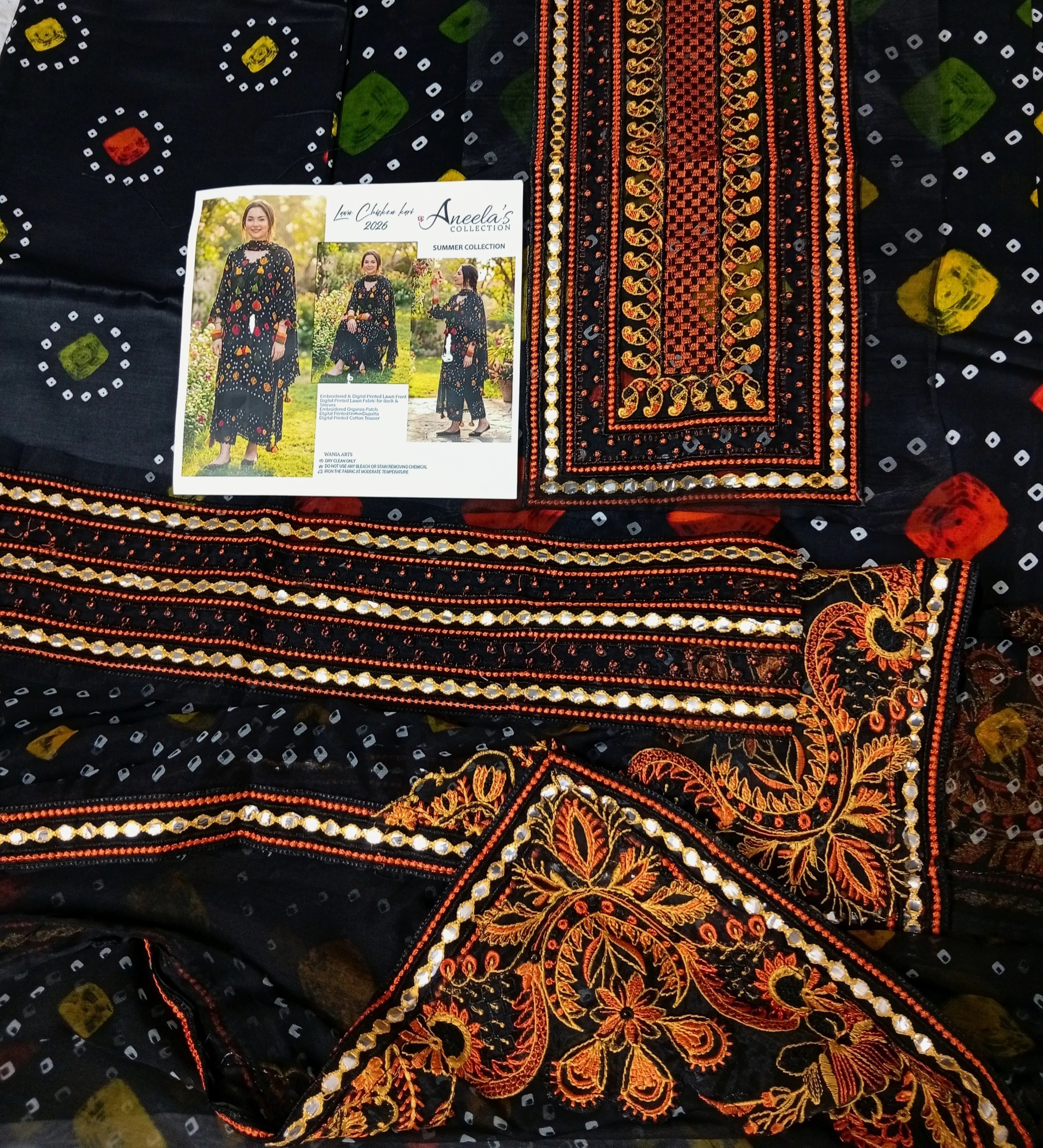 EXCEPTIONAL RICH BLACK + LACOSTE GREEN COLOUR LAWN CHUNARI WITH ORGANZA EMBROIDERY PATCHES AND EMBROIDERED READY TO WEAR DUPATTA